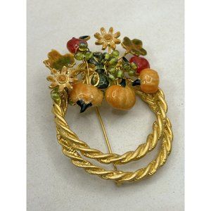 Brooch Pin Double Wreath Gold Tone Pumpkin Apples Flowers Autumn Fall